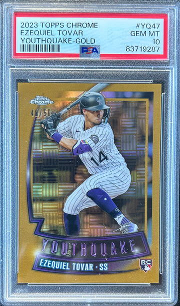 Ezequiel Tovar 2023 Topps Chrome Youthquake Insert #YQ-47 Rookie Gold Refractor /50 SP Rockies RC PSA 10