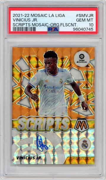 PSA 10 2022 Panini Mosaic La Liga Vinicius Jr. Scripts Fluorescent Orange #/25