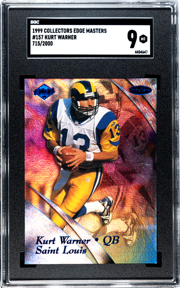 1999 COLLECTORS EDGE MASTERS KURT WARNER RC ROOKIE #157 715/2000 SGC 9