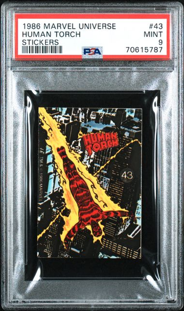 1986 COMIC IMAGES MARVEL UNIVERSE STICKER HUMAN TORCH #43 PSA 9, POP 1, 1 HIGHER