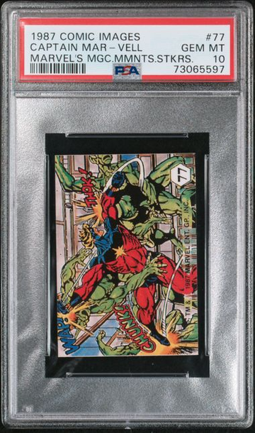 1987 COMIC IMAGES MARVEL'S MAGIC MOMENTS STICKER CAPTAIN MAR-VELL #77 PSA 10, POP 1