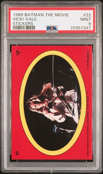 1989 TOPPS BATMAN MOVIE STICKER VICKI VALE KIM BASINGER #22 PSA 9, POP 3, NONE HIGHER.