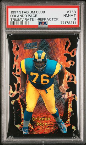1997 STADIUM CLUB ORLANDO PACE RC DIE-CUT TRIUMVIRATE II REFRACTOR  #T6B PSA 8, POP 1, 1 HIGHER