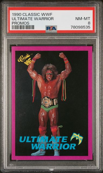 1990 CLASSIC WWF PURPLE PROMO ULTIMATE WARRIOR PSA 8, POP 13, 2 HIGHER