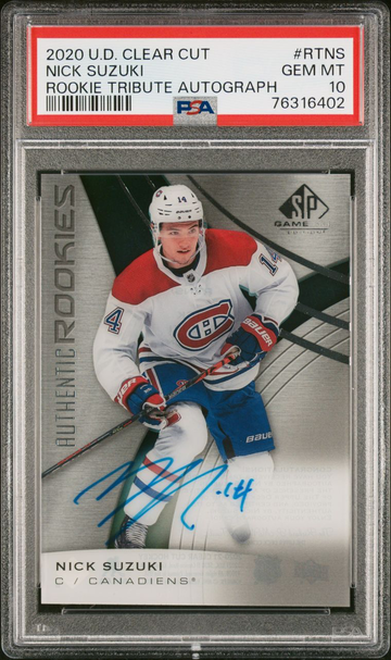 PSA 10 💥 2020-21 Clear Cut RT-NS Nick Suzuki SP Authentic Rookies Tribute Auto