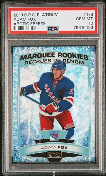 ❄️ PSA 10 Adam Fox /99 Arctic Freeze 2019 O-Pee-Chee Platinum Marquee Rookies