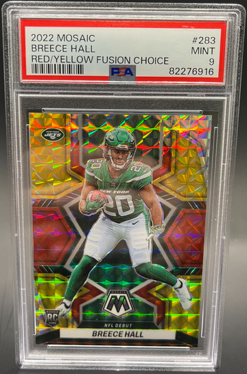 2022 Panini Mosaic Breece Hall NFL Debut Red/Yellow Fusion Choice Prizm PSA 9