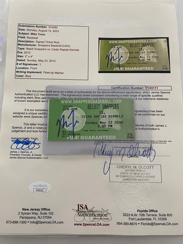 Mike Trout signed autographed minor league ticket. Letter of authenticity from JSA.