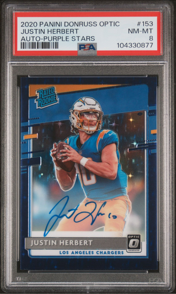 2020 Panini Donruss Optic Justin Herbert Purple Stars Auto PSA 8 /50