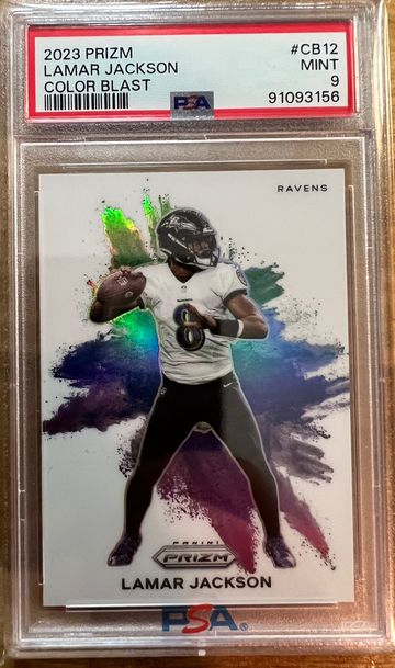 2023 Lamar Jackson CB12 Prizm Color Blast PSA 9