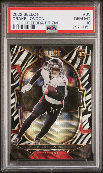 2022 Select Drake London #35 Die Cut Zebra Rookie RC PSA 10