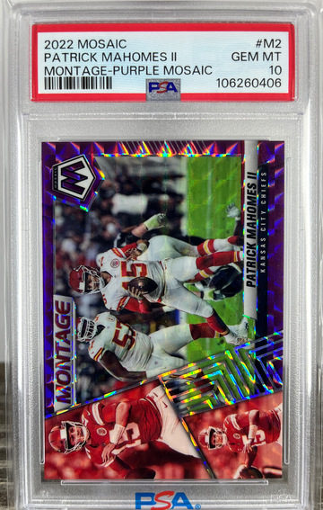 2022 Panini Mosaic Patrick Mahomes II #M2 Montage Purple Prizm /49 PSA 10