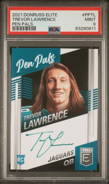 2021 Panini Donruss Elite Trevor Lawrence RC Pen Pals Auto Green Ink SSP #PP-TL PSA 9