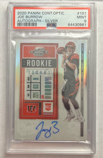 2020 Panini Contenders Optic Joe Burrow RC Rookie Ticket Auto Prizm Silver SP */50 #101 PSA 9
