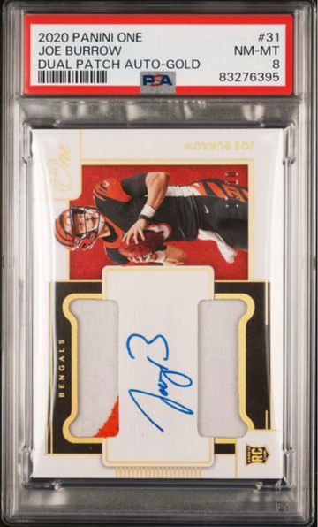 2020 Panini One Joe Burrow RC Dual Patch Auto RPA Gold #31 8/10 PSA 8