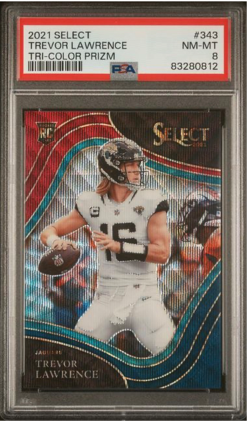 2021 Panini Select Trevor Lawrence RC Field Level Tri-Color Prizm #343 18/75 PSA 8