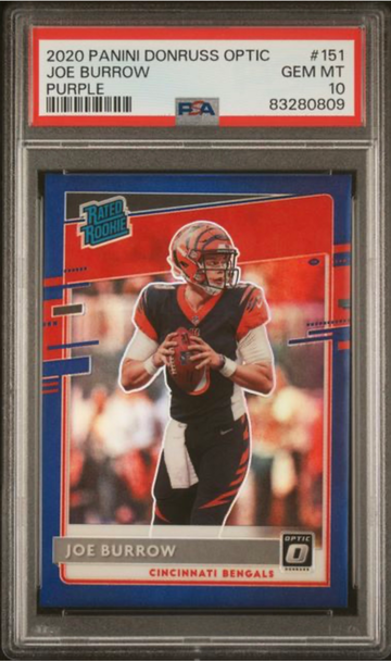 2020 Panini Donruss Optic Joe Burrow RC Purple Prizm #151 43/50 PSA 10