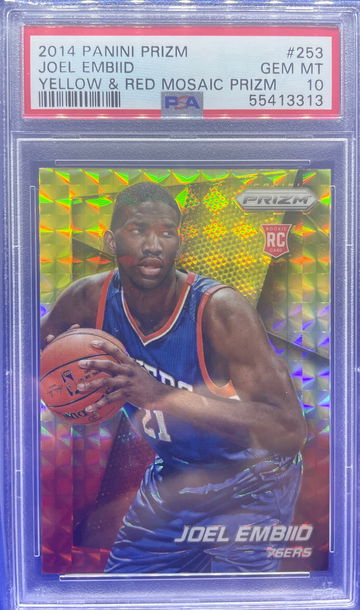 2014 Prizm Yellow & Red Mosaic Joel Embiid #253 PSA 10 GEM MT Rookie RC 76ers SP