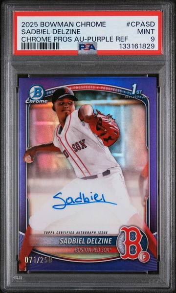 2025 Bowman Chrome Prospect Autograph Purple Refractor Sadbiel Delzine #CPASD /250 PSA 9