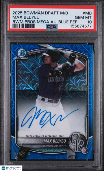 Max Belyeu 2025 Bowman Draft Mega Box Bowman Prospect Mega Autographs Auto BWM Blue Ref PSA 10
