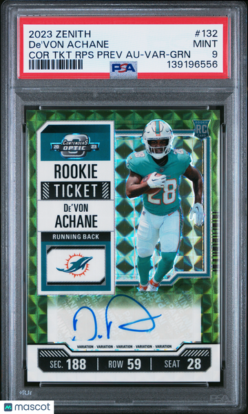 2023 Zenith De'von Achane #132 Cor TKT Var GRN PSA 9