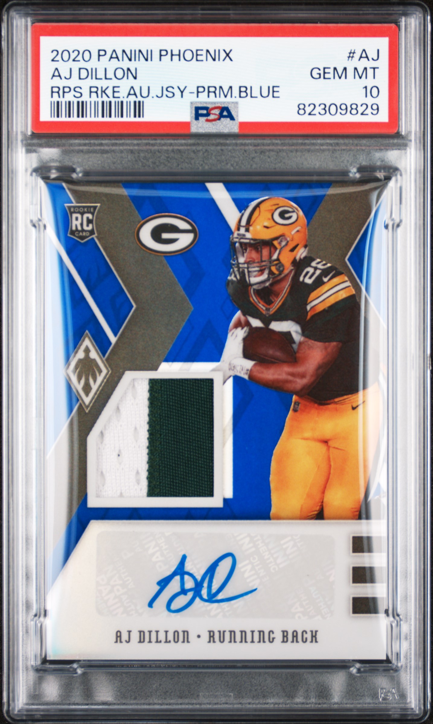 2020 Panini Phoenix Rps Rookie Auto Jersey Prime Blue Aj Dillon #AJ PSA 10