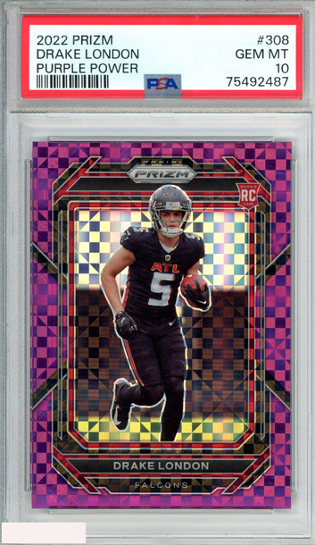 2022 PANINI PRIZM DRAKE LONDON #308 PURPLE POWER 23 OF 49 ROOKIE RC PSA 10