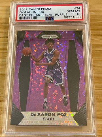 2017 Prizm De'Aaron Fox #24 RC Fast Break Purple Prizm /75 PSA 10