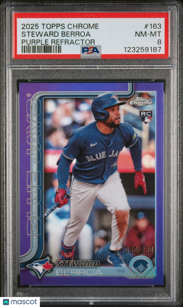 2025 Topps Chrome Steward Berroa #163 Purple Refractor SN RC PSA 8 Toronto Blue Jays