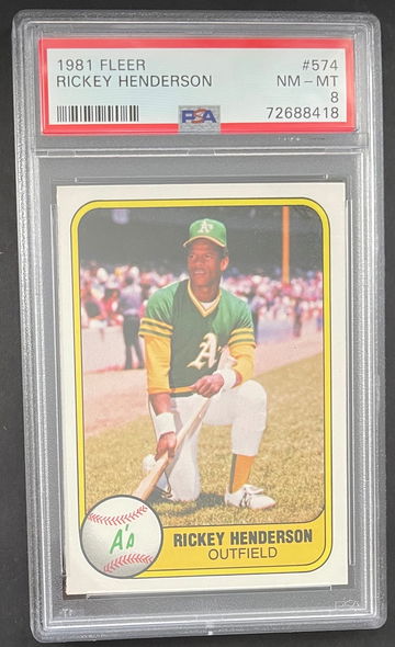 1981 Rickey Henderson Fleer Card #574, PSA 8