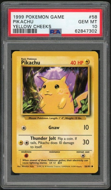 1999 Pokemon Base Set Yellow Cheeks Pikachu #58 PSA 10