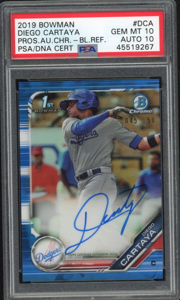 2019 Bowman Chrome Diego Cartaya Blue Refractor Auto PSA 10/10