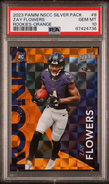 2023 PANINI NATIONAL SILVER PACKS ZAY FLOWERS RC #/199 ROOKIES ORANGE #8 PSA 10