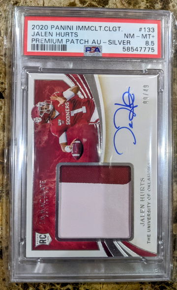 2020 Panini Immaculate Jalen Hurts Rookie Patch Autograph PSA 8.5