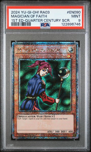 2024 Yu-Gi-Oh! RA03 Quarter Century SCR Magician of Faith #EN090 1st Ed PSA 9