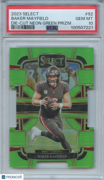 2023 Panini Select Baker Mayfield #92 Die Cut Neon Green Prizm PSA 10