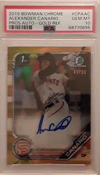 Alexander Canario 2019 Bowman Chrome Prospect Autograph Gold Refractor #/50 , PSA 10 , Auto