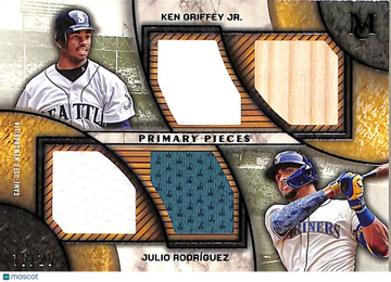 2025 Topps Museum Collection Julio Rodríguez Ken Griffey Jr. #DPQR-GR Quad Relic Game-Used Memorabilia