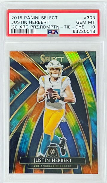 2019 Panini Select Justin Herbert ‘20 XRC Prizm Redemption Tie-Dye PSA 10 GEM MT POP 9