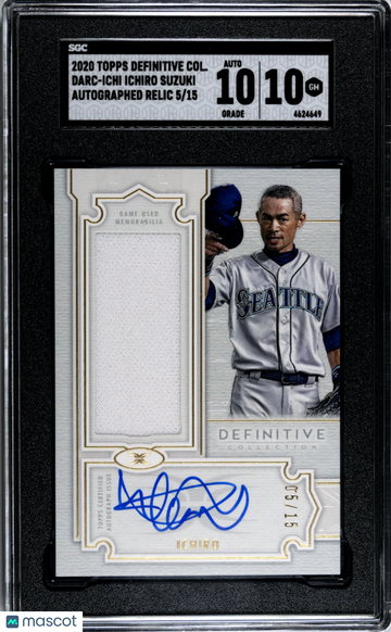 2020 Topps Definitive Collection Ichiro Suzuki #DARC-ICHI Autograph Relic /15 SGC 10 Auto 10
