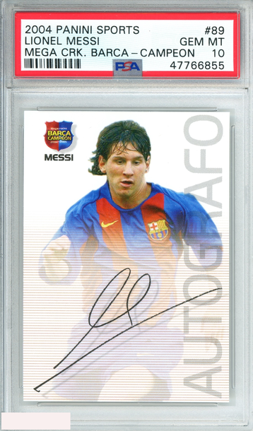 2004-05 PANINI SPORTS LIONEL MESSI #89 MEGA CRACKS BARCA-CAMPEON RC PSA 10