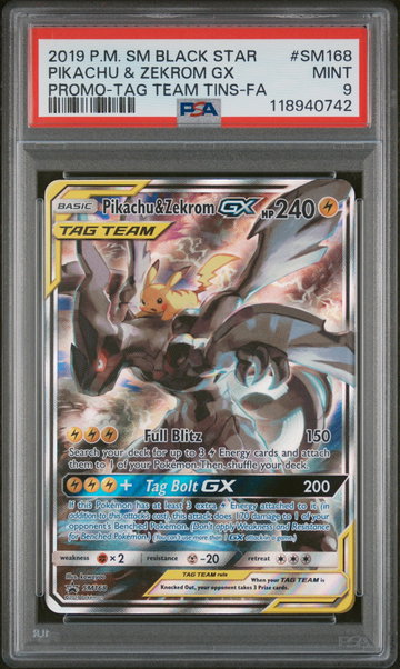 2019 Pokemon Sun and Moon Black Star Promo Tag Team Tins Pikachu/Zekrom Gx #SM168 PSA 9