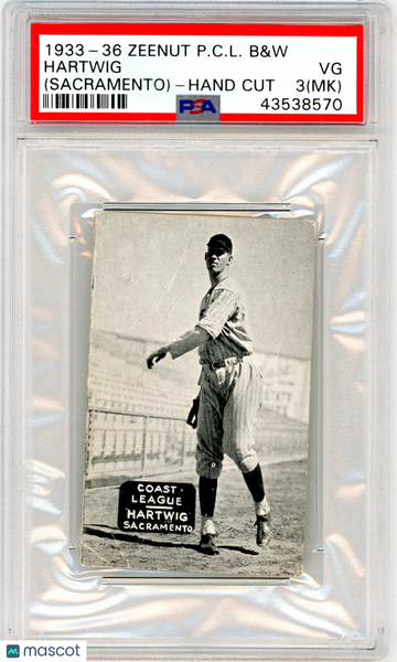 1933-36 Zeenut Pacific Coast League B&W Hartwig (Sacramento) Hand Cut MK PSA 3