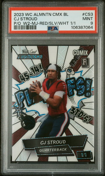 2023 Wild Card Alumination Comix CJ Stroud Edition Black Label #CS3 CJ Stroud Playoffs White 2-Mojo Foil-Red/Silver/White 1/1 PSA 9