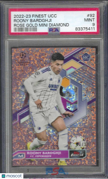 2022-23 Topps Finest UEFA Club Competitions Roony Bardghji #92 Rose Gold Mini Diamond PSA 10