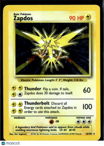 Zapdos 1999 Base Set Holo Rare #16/102