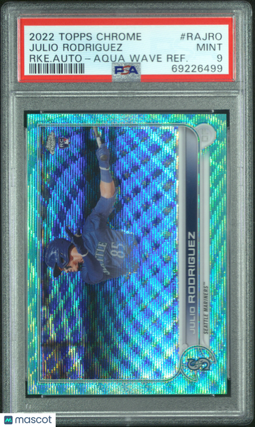 2022 Topps Chrome Rookie Autographs Julio Rodriguez #RAJRO RKE. Auto Aqua Wave Refractor PSA 9