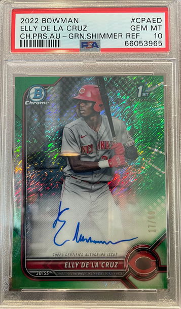 2022 BOWMAN CHROME GREEN SHIMMER REFRACTOR ELLY DE LA CRUZ AUTO RC /99 PSA 10 GEM!