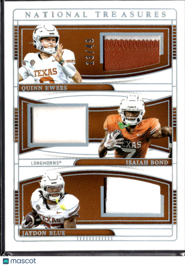 2025 Panini National Treasures Collegiate Jaydon Blue Quinn Ewers Isaiah Bond #TTM-LONG /49 Triple Patch Memorabilia