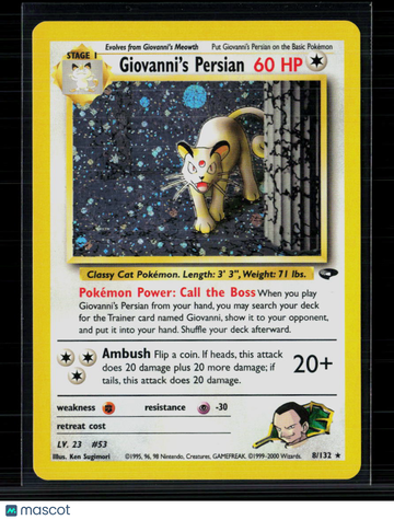 2000 Gym Challenge Giovanni's Persian Holo Rare #8/132